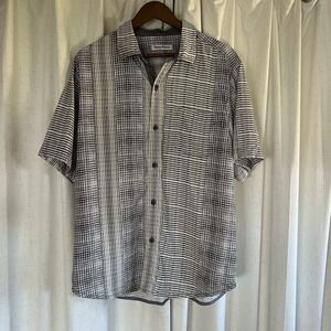 Tommy Bahama‎ Button Up Shirt Men Large Gray Black Striped Silk Bay Street